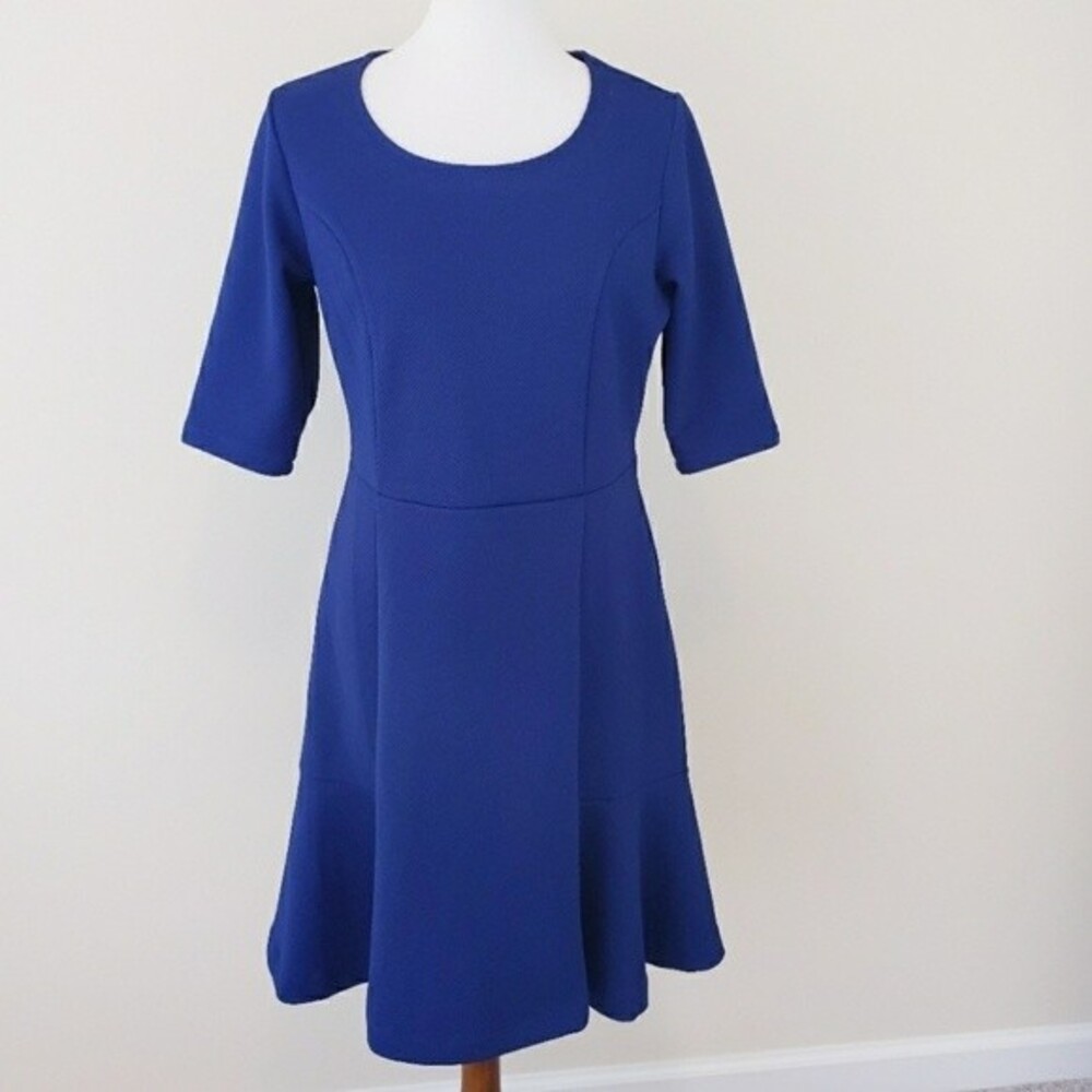 Isaac Mizrahi Blue Textured Dress Fit & Flare Elbow Sleeve Dress Size Small
